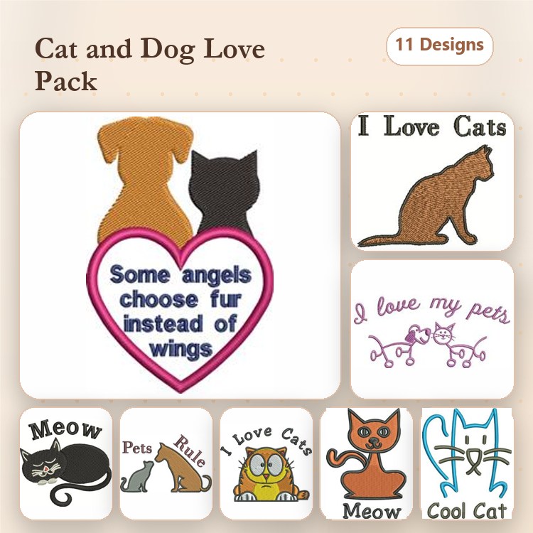 Cat & Dog Embroidery Bundle – Pet Themed Designs (11 Designs)