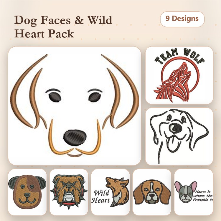 Labrador Retriever, Bulldog & Beagle Embroidery Bundle – Dog Faces (9 Designs)