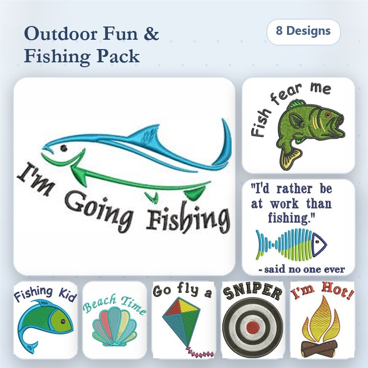 Fishing & Outdoor Fun Embroidery Designs Bundle – I'm Going Fishing, Fishing Kid, Beach Time & More (8 Designs)