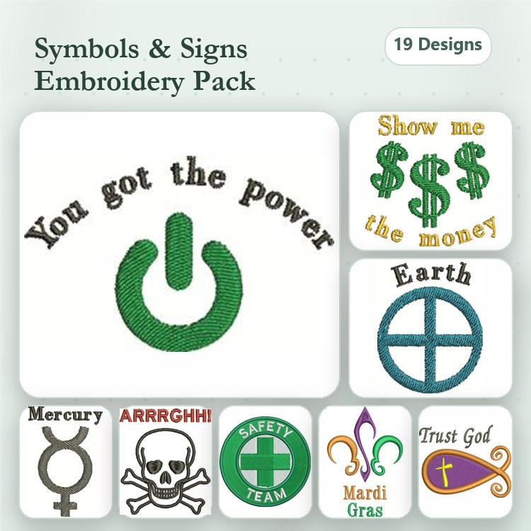 Symbols and Signs Embroidery Designs Bundle – Power Symbol, Earth Symbol, Skull and Crossbones & More (19 Designs)