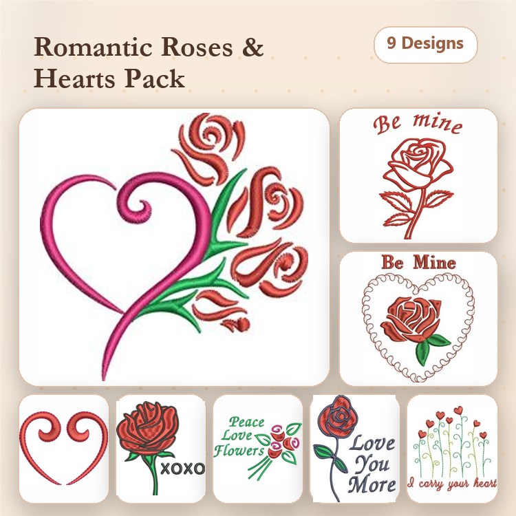 Redwork Romantic Roses & Hearts Embroidery Designs Bundle – Heart with Roses, Rose with Be Mine, & More (9 Designs)