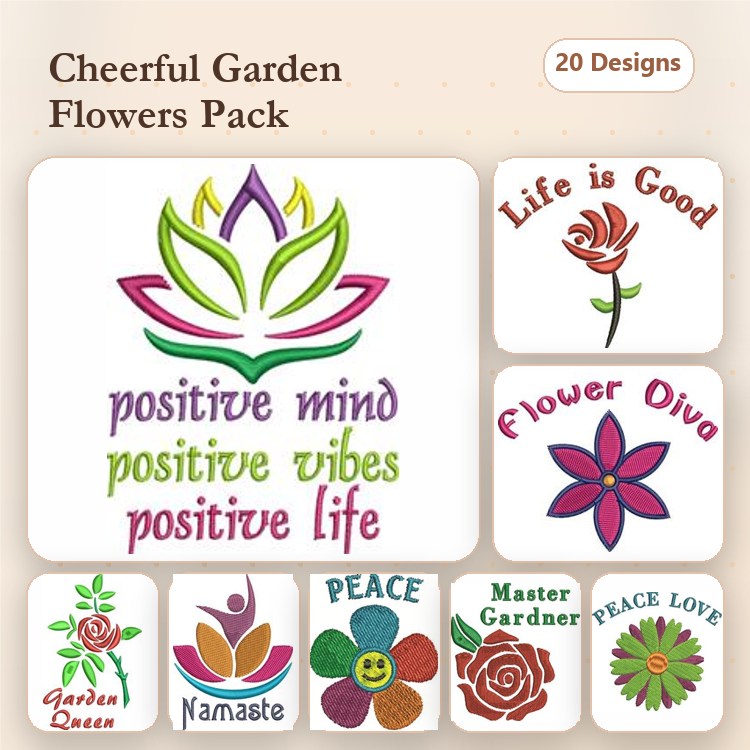 Garden and Floral Themes Embroidery Designs Bundle – Positive Mind Floral, Life is Good Rose, Flower Diva & More (20 Designs)