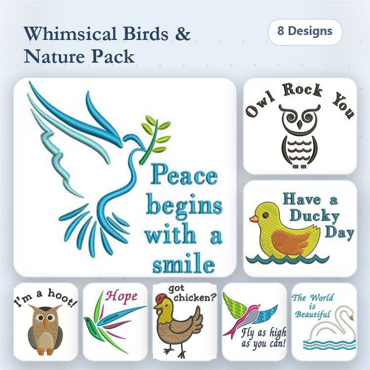 Nature & Birds Embroidery Designs Bundle – Dove, Owl, Duck, Chicken & More (8 Designs)