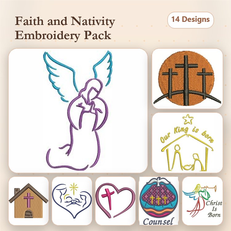 Faith & Nativity Embroidery Designs Bundle – Angel with Prayer, Nativity Scene, Christmas Ornament & More (14 Designs)
