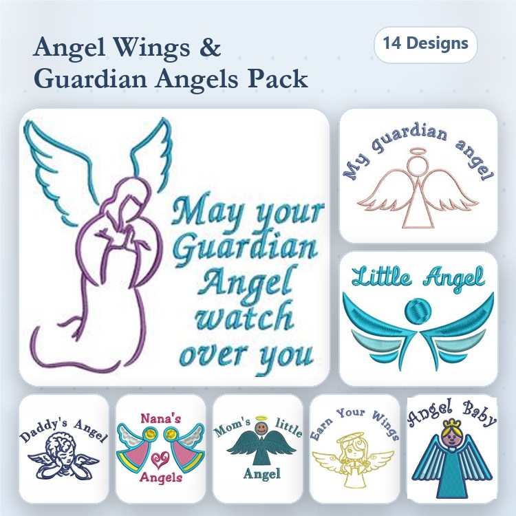 Angels & Wings Embroidery Designs Bundle – Guardian Angel, Little Angel, Wings with Heart & More (14 Designs)