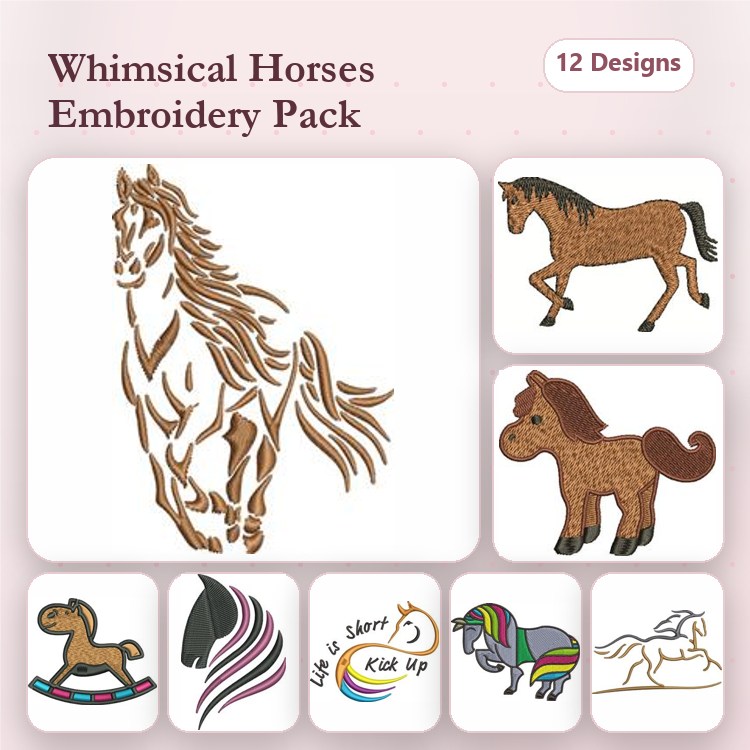 Whimsical Horses Embroidery Designs Bundle – Running Horse, Horse with Mane, Saddle Horse & More (12 Designs)