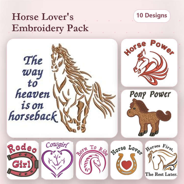 Horse-Themed Embroidery Designs Bundle – The way to heaven is on horseback, Horse Power, Rodeo Girl & More (10 Designs)