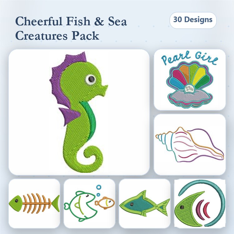 Sea Creatures Embroidery Designs Bundle – Seahorse, Goldfish, Shark & More (30 Designs)