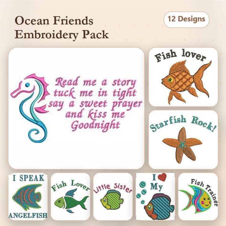 Ocean Life Embroidery Designs Bundle – Seahorse, Goldfish, Starfish & More (12 Designs)