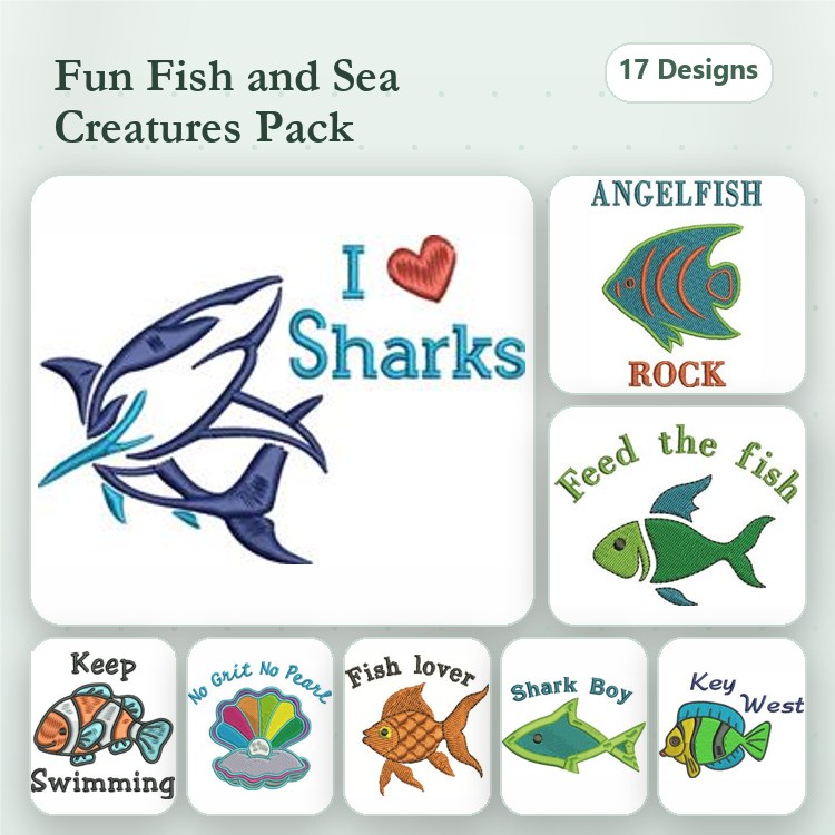 Fish and Sea Creatures Embroidery Designs Bundle – Shark, Angelfish, I Love Sharks & More (17 Designs)