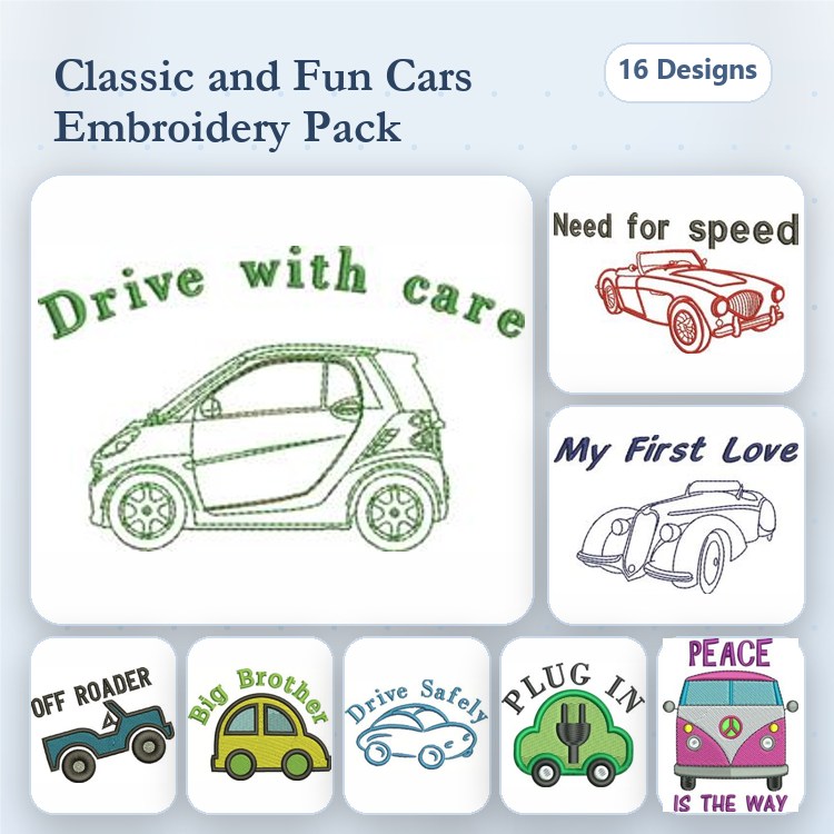 Classic and Fun Cars Embroidery Designs Bundle – Drive with Care, Need for Speed, Off Roader & More (16 Designs)