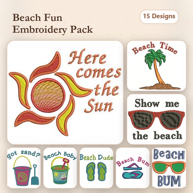 Beach-Themed Embroidery Designs Bundle – Here comes the Sun, Beach Bum, Sunglasses Design & More (15 Designs)
