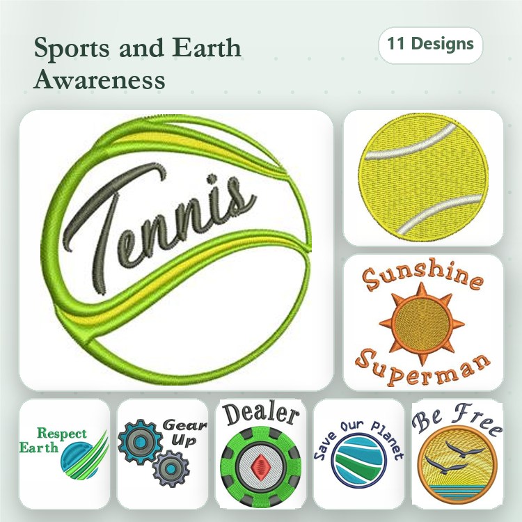 Sports & Earth Awareness Embroidery Designs Bundle – Tennis Logo, Save Our Planet, Nature Design & More (11 Designs)