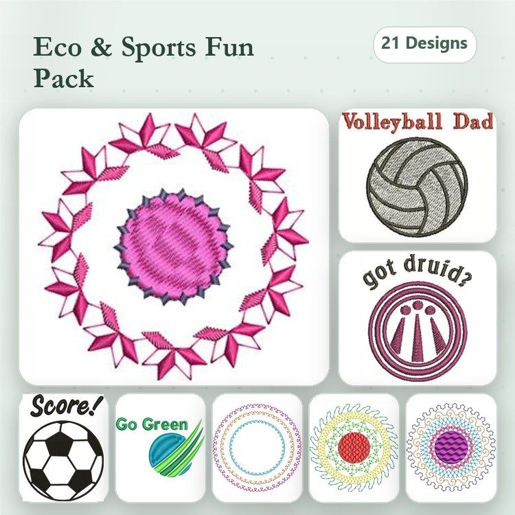 Sports & Eco Embroidery Designs Bundle – Volleyball Dad, Soccer Ball, Go Green & More (21 Designs)