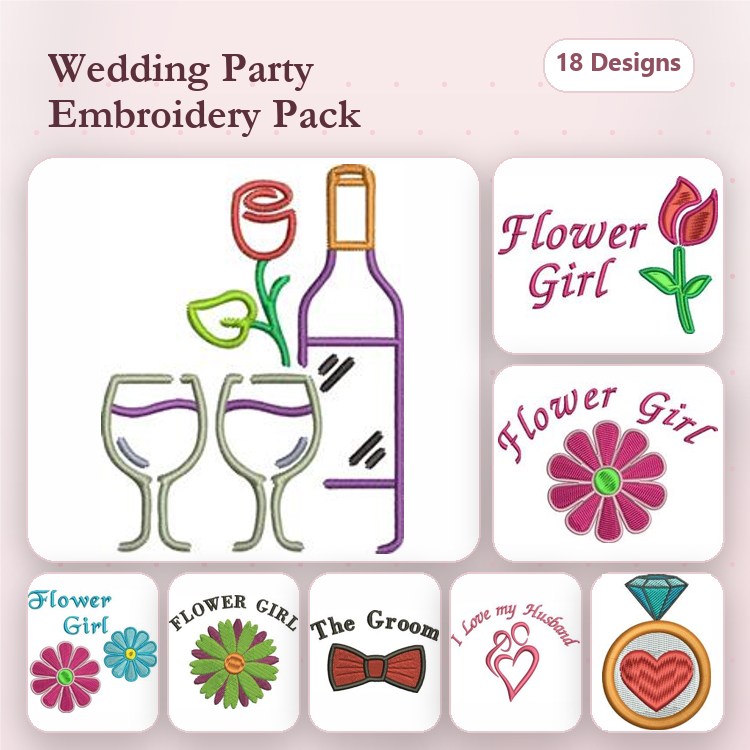 Wedding Party Themes Embroidery Designs Bundle – Wine Bottle with Rose, Glasses with Rose, Flower Girl Text & More (18 Designs)