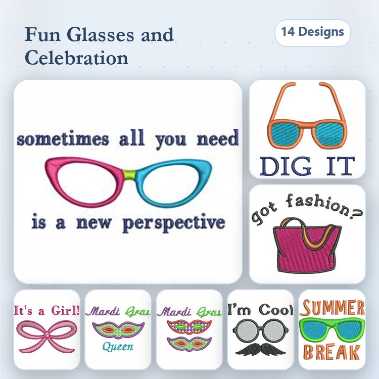 Sunglasses & Fun Sayings Embroidery Designs Bundle – Summer Break, I'm Cool, It's a Girl! & More (14 Designs)