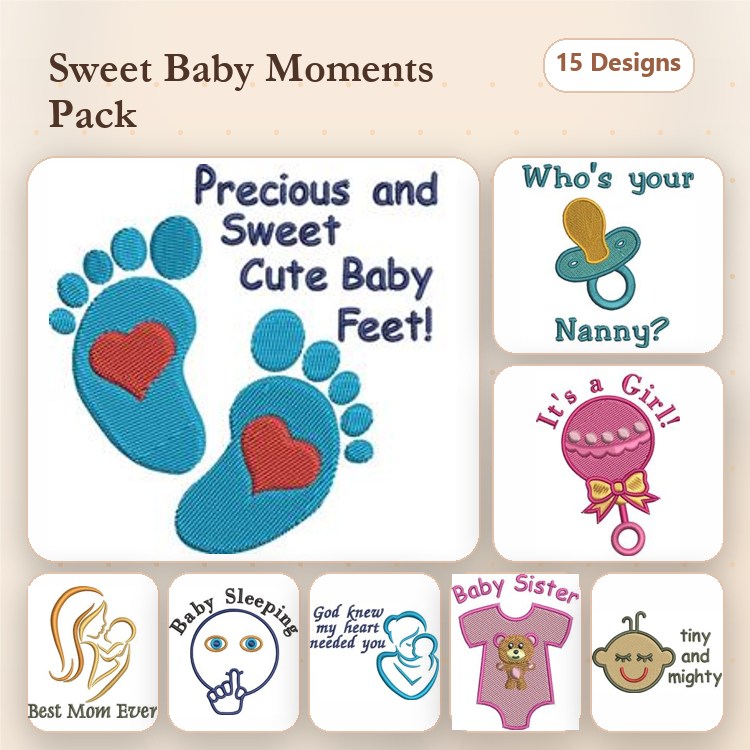 Baby Celebrations Embroidery Designs Bundle – Baby Feet with Hearts, It's a Girl!, Who's Your Nanny? & More (15 Designs)