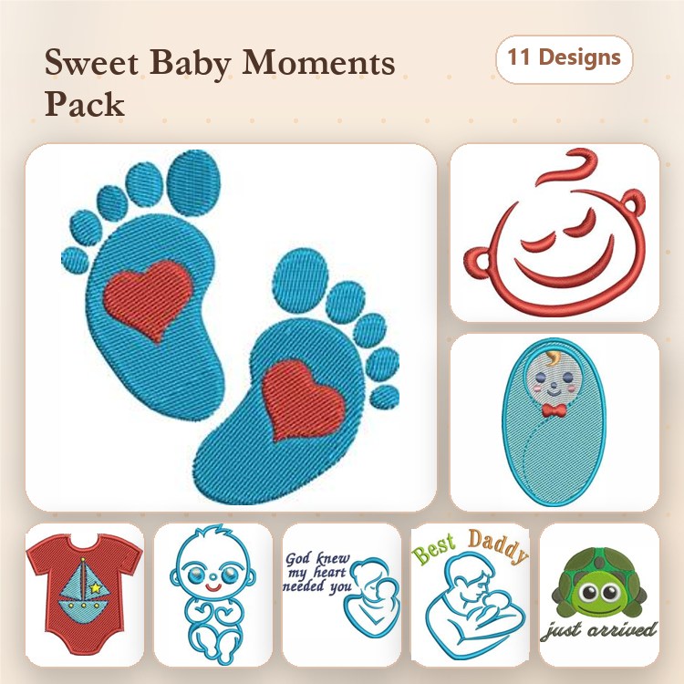 Baby-Themed Embroidery Designs Bundle – Baby Feet with Heart, Baby Onesie, Baby Booties & More (11 Designs)