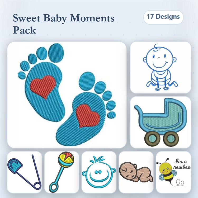 Baby-themed Embroidery Designs Bundle – Baby Feet with Hearts, Baby Boy Icon, Baby Carriage & More (17 Designs)