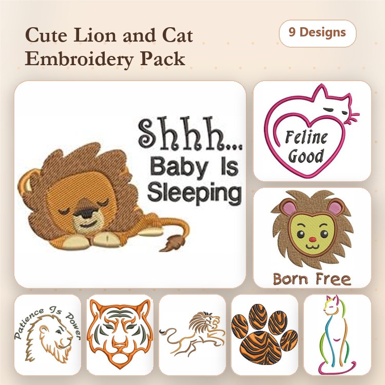 Cute Animal Embroidery Bundle – Lion Sleeping, Shhh Baby Is Sleeping, Feline Good & More (9 Designs)