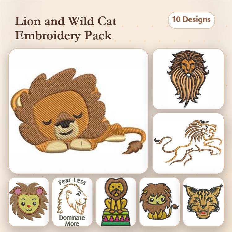 Wild Cat Embroidery Designs Bundle – Sleeping Lion, Lion Head, Tiger Face & More (10 Designs)