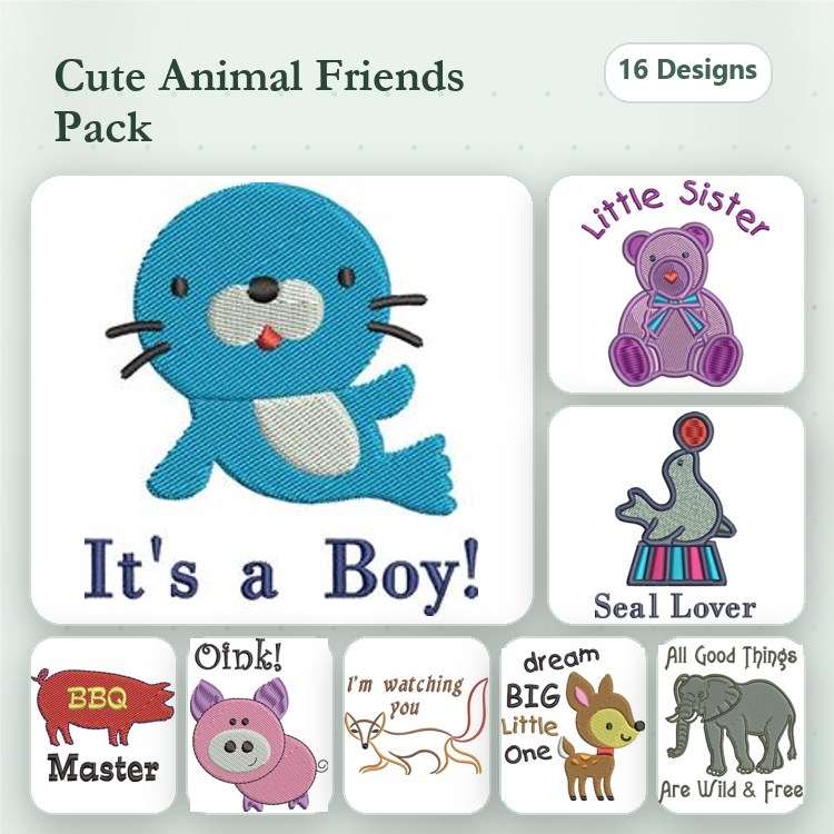 Cute Animals & Baby Embroidery Designs Bundle – Seal, Little Sister, It's a Boy! & More (16 Designs)