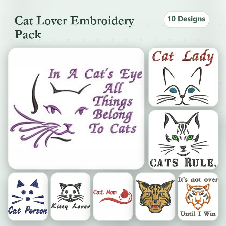 Cat Lover Embroidery Designs Bundle – Cat Lady, Cats Rule, Kitty Lover & More (10 Designs)