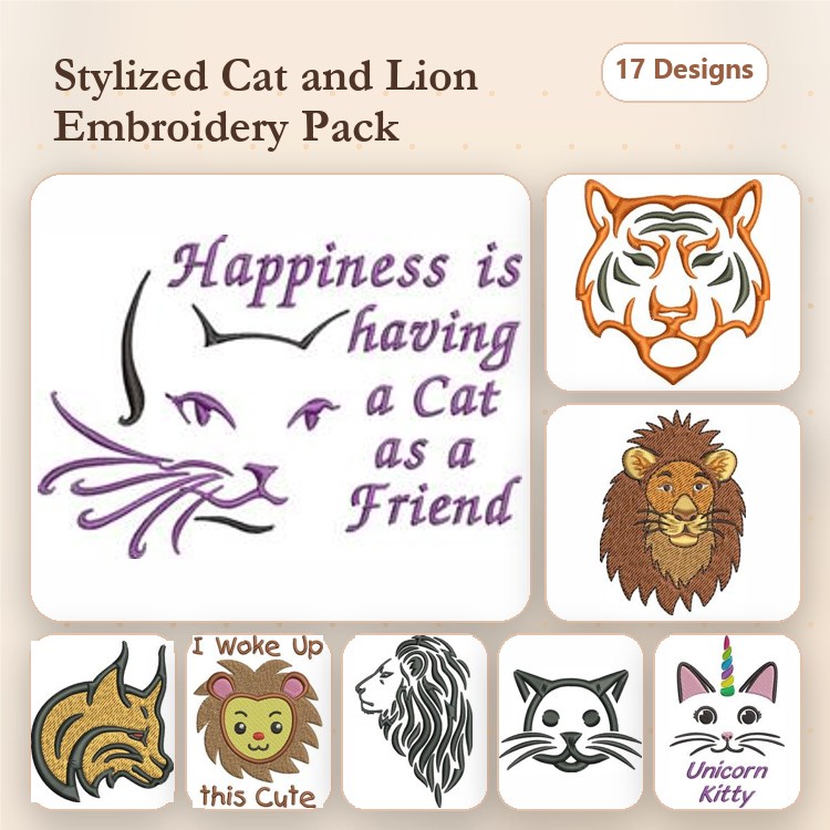 Cats & Lions Embroidery Designs Bundle – Happy Cat Quote, Tiger Face, Lion Face & More (17 Designs)