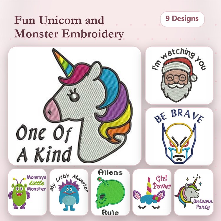 Unicorn & Monster Embroidery Designs Bundle – Unicorn with Rainbow Mane, Mommy's Little Monster & More (9 Designs)