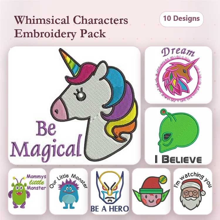 Whimsical Characters Embroidery Designs Bundle – Unicorn, Alien, Santa Claus & More (10 Designs)