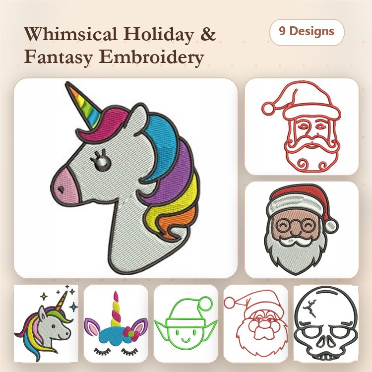 Whimsical Holiday Characters Embroidery Designs Bundle – Santa Face, Unicorn Head, Elf Hat & More (9 Designs)
