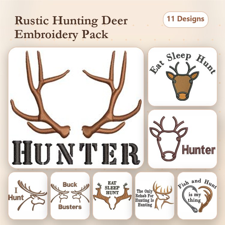 Hunting Deer Embroidery Designs Bundle – Hunter Text, Buck Busters, Deer Antlers & More (11 Designs)