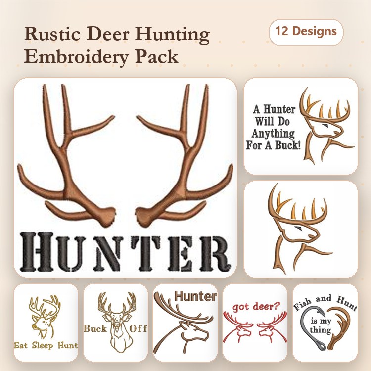 Deer Hunting Embroidery Designs Bundle – Hunter Antlers, Eat Sleep Hunt, Buck Off & More (12 Designs)
