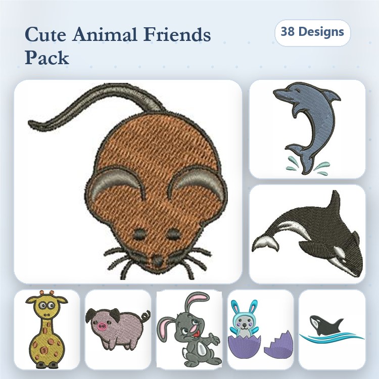 Cute Animal Friends Embroidery Designs Bundle – Mouse, Dolphin, Orca & More (38 Designs)