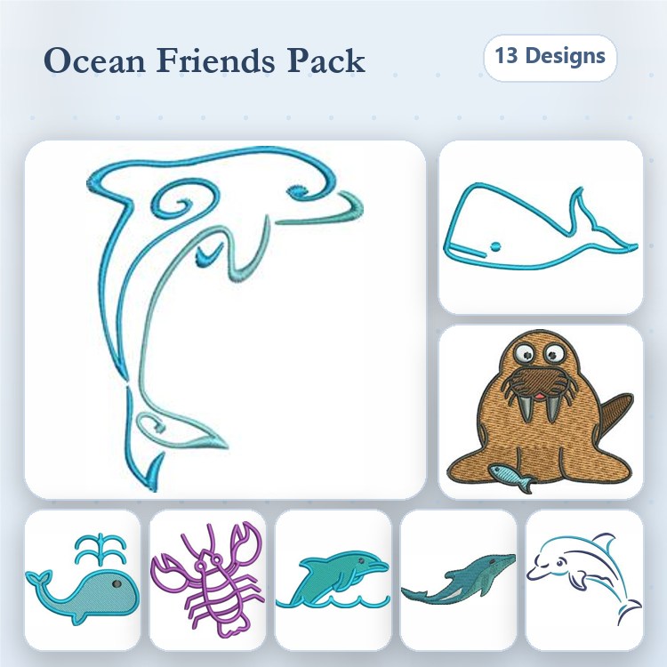 Ocean Animals Embroidery Designs Bundle – Dolphin, Whale, Sea Walrus & More (13 Designs)