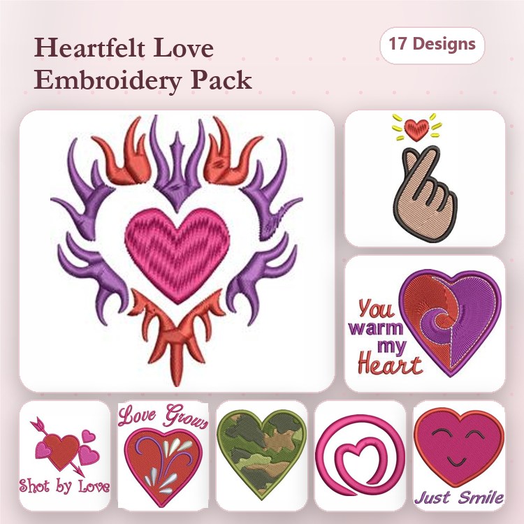 Heart & Love Embroidery Designs Bundle – Heart with Flames, You Warm My Heart, Love Grows & More (17 Designs)