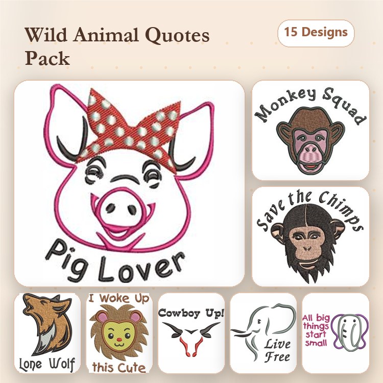 Animal & Inspirational Quote Embroidery Bundle – Fun Designs (15 Designs)