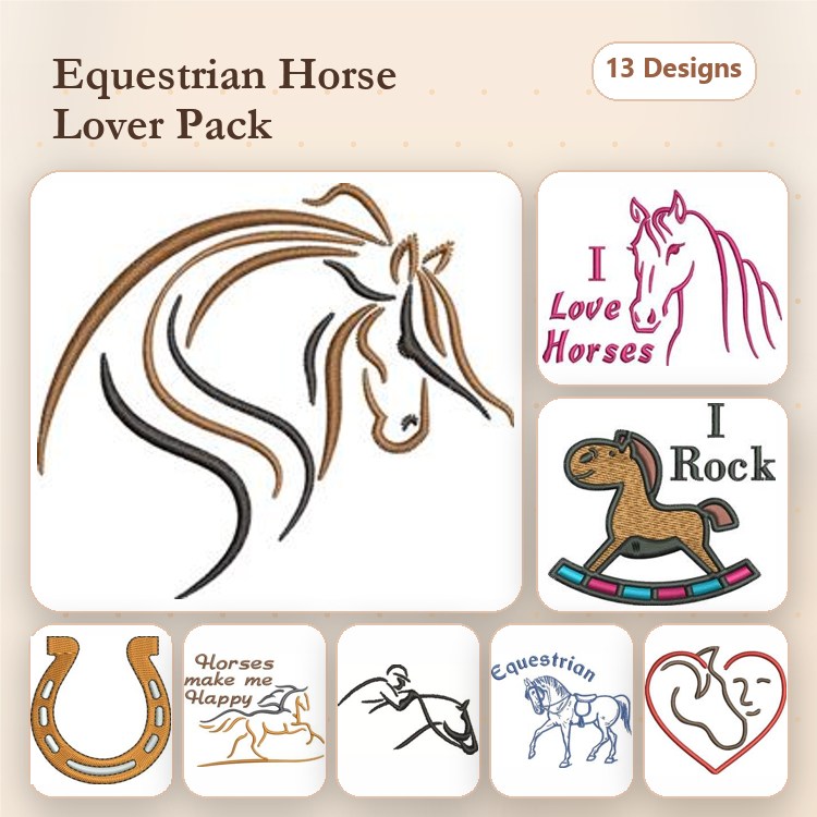 Equestrian Horse Embroidery Designs Bundle – Horse Head Outline, Rocking Horse, Horseshoe & More (13 Designs)