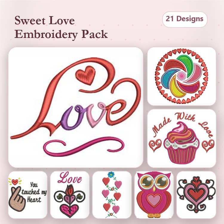 Valentine's Day Embroidery Designs Bundle – Love Script, Cupcake with Heart, Owl with Hearts & More (21 Designs)