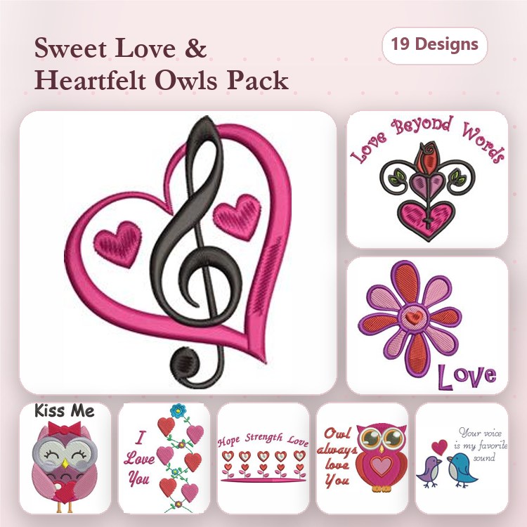 Sweet Love & Heartfelt Owls Embroidery Designs Bundle – Kiss Me Owl, Love You Forever Owl, Happy Valentine's Day Owl & More (19 Designs)