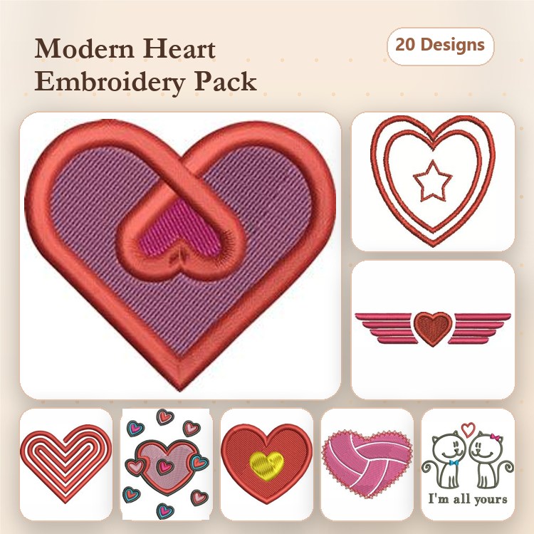 Modern Heart Embroidery Bundle – Intertwined Heart, Heart with Star, Cute Love Cats & More (20 Designs)