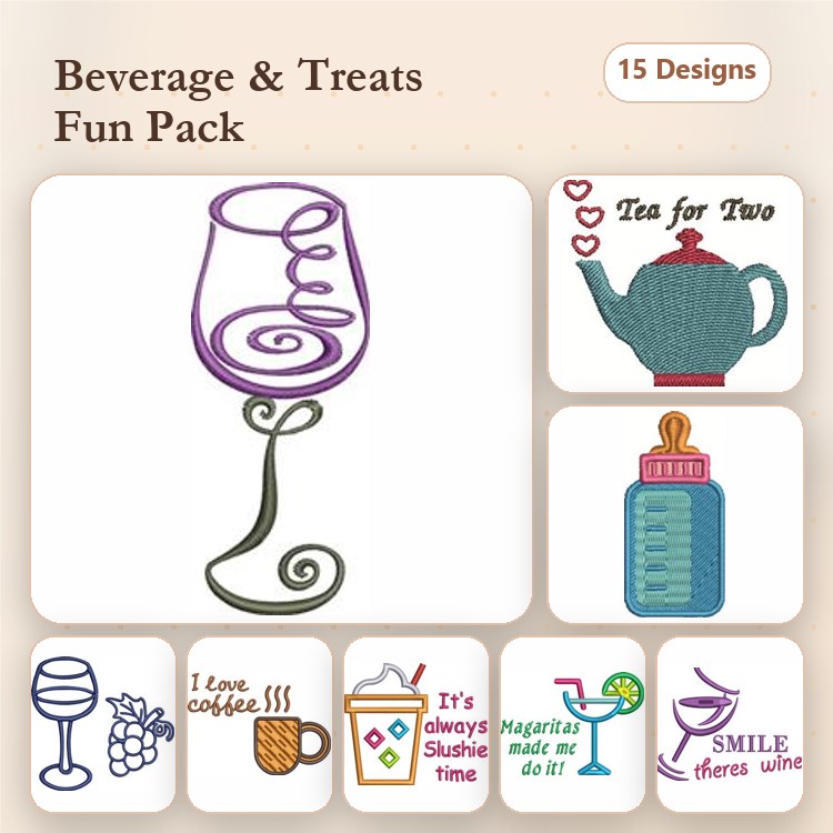 Beverages and Treats Embroidery Designs Bundle – Wine Glass, Tea for Two Teapot, Water Bottle & More (15 Designs)