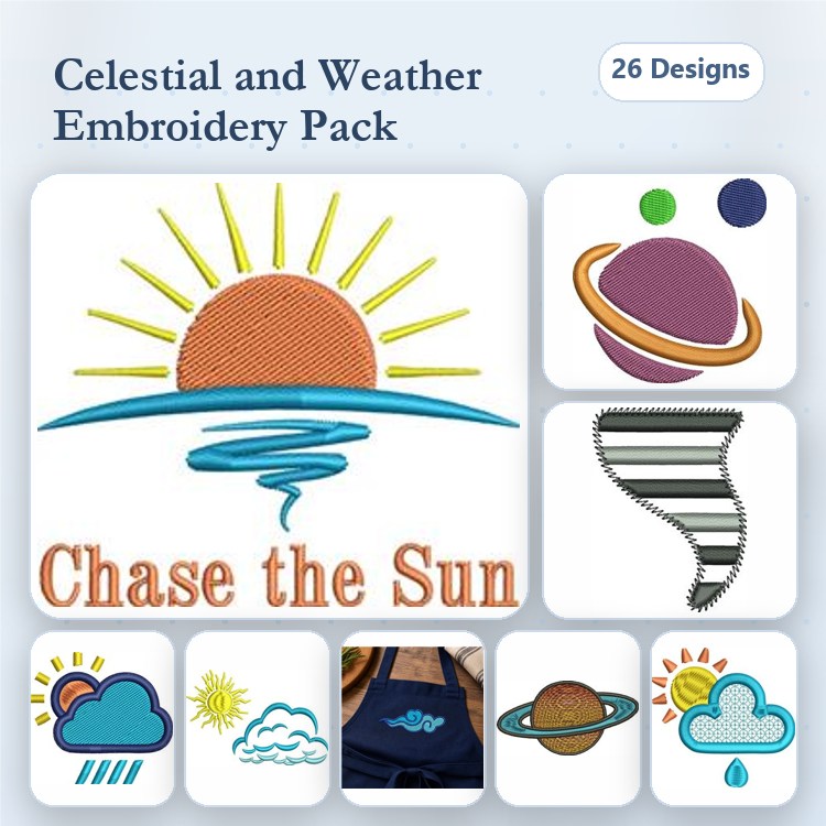 Celestial & Weather Embroidery Designs Bundle – Sun with Waves, Tornado Outline, Cloud with Rain & More (26 Designs)