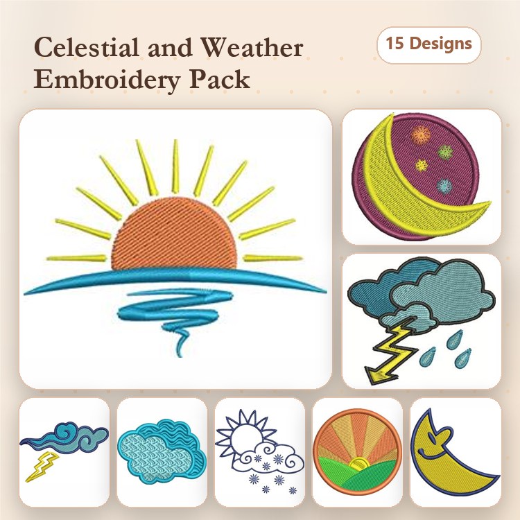 Celestial & Weather Embroidery Designs Bundle – Sunrise, Moon with Stars, Rain Cloud with Lightning & More (15 Designs)