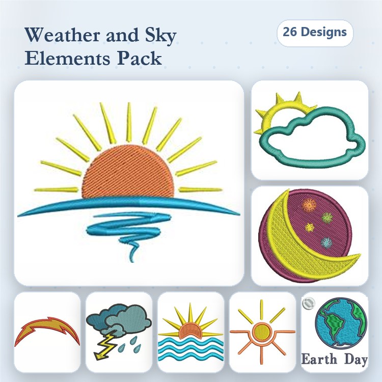 Weather and Sky Embroidery Designs Bundle – Sunrise, Moon with Stars, Thunder Bolt & More (26 Designs)