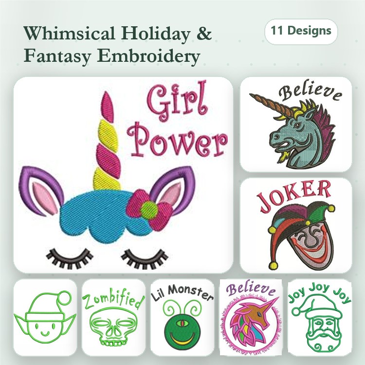 Holiday Fantasy Characters Embroidery Designs Bundle – Unicorn, Zombified Character, Joker & More (11 Designs)