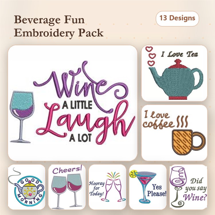 Beverage Themed Embroidery Designs Bundle – Wine Glass, Coffee Cup, Teapot & More (13 Designs)