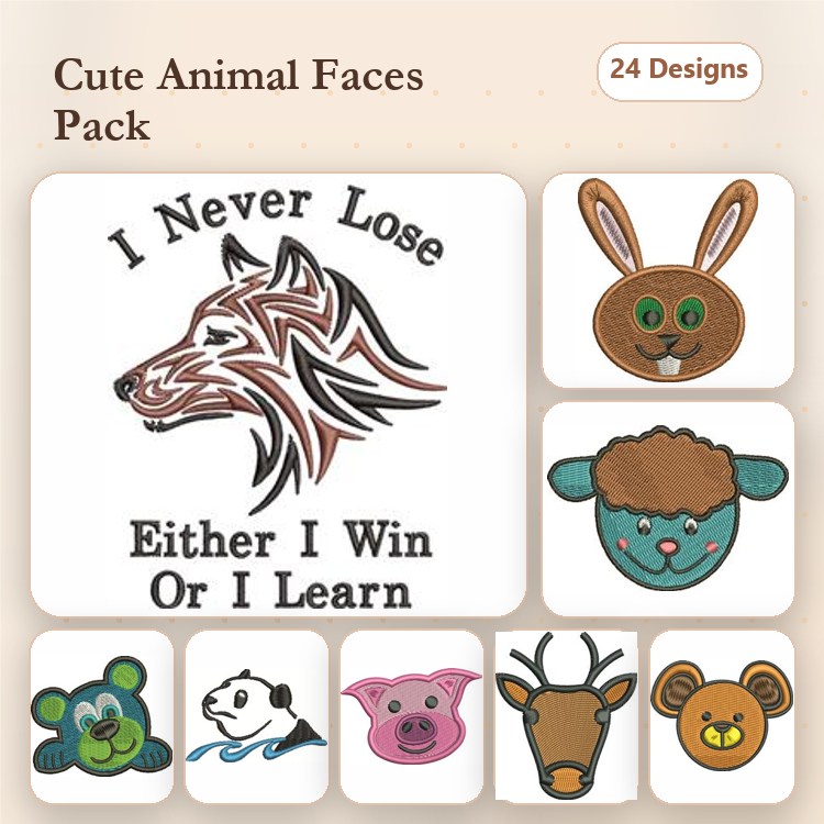 Cute Animal Faces Embroidery Designs Bundle – Wolf Face, Rabbit Face, Bear Face & More (24 Designs)
