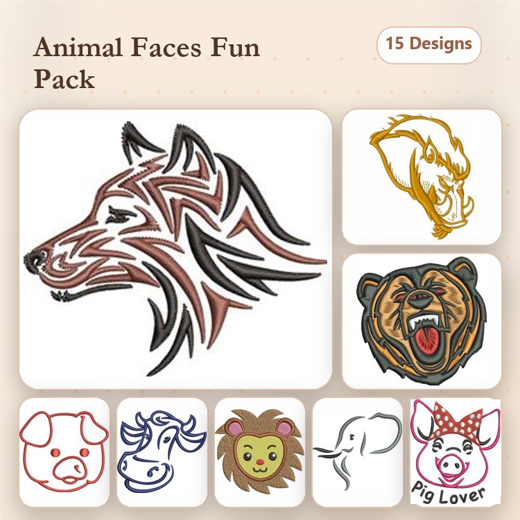 Wild Animal Embroidery Designs Bundle – Wolf, Bear, Lion, Horse & More (15 Designs)