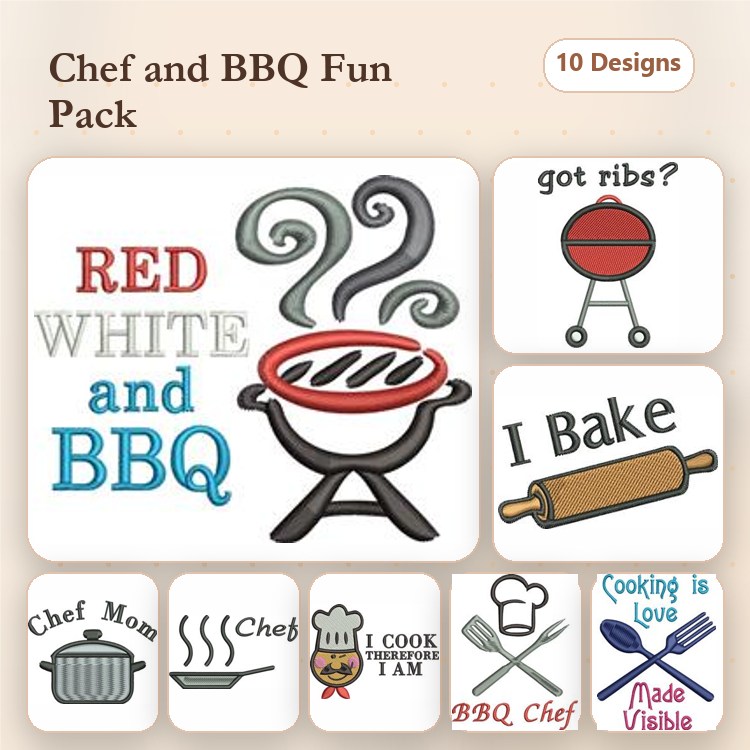 Cooking & BBQ Embroidery Designs Bundle – Red White and BBQ, Got Ribs?, I Bake & More (10 Designs)